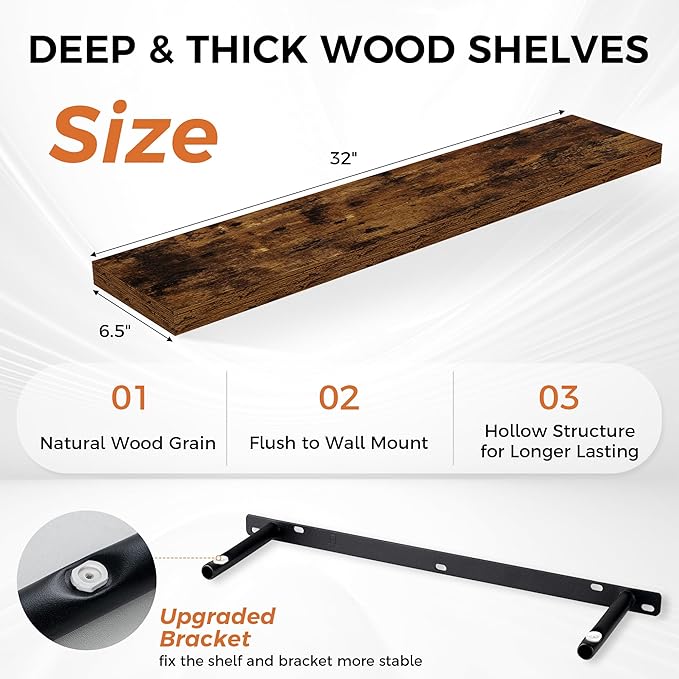 32Inch Floating Shelves for Wall 2 Pack Wood Shelves for Kitchen, Bathroom, Bedroom Wall Mounted Rustic Wood Floating Shelf with Invisible Brackets for Books, Storage, Decor, Rustic Brown-CasaMuseHome