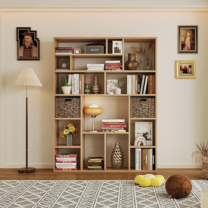 71" Tall 6-Tier Heavy Duty Bookcase with 2 Foldable Storage Baskets, 55" Wide Open Bookshelf with 16 Irregular Cubes for Living Room, Office （Yellow）-CasaMuseHome