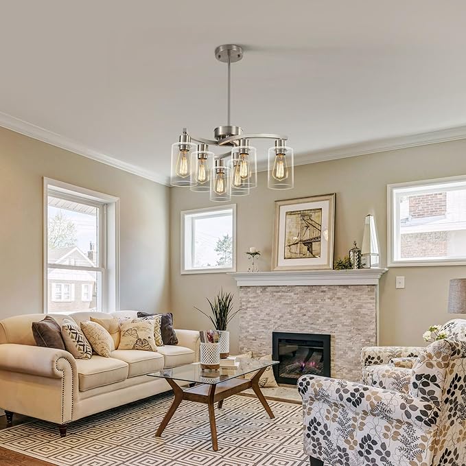 6-Light Brushed Nickel Chandeliers for Dining Room Light Fixtures Over Table, Adjustable Height Hanging Industrial Pendant Lighting for Kitchen Island Bedroom, Clear Glass Shade-CasaMuseHome