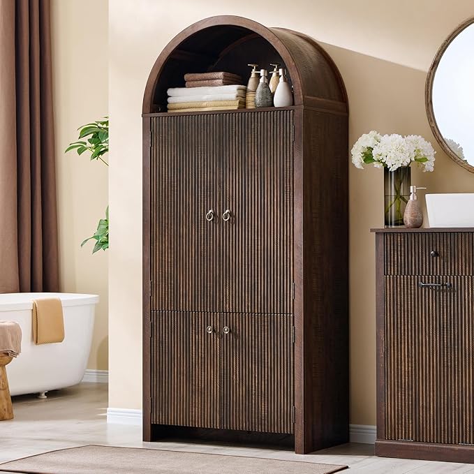71" Tall Arched Bathroom Storage Cabinet, Modern Fluted Storage Cabinet w/Doors, 3 Adjustable Shelves, 6 Door Shelves, Wood Freestanding Cabinet for Bathroom, Entryway, Hallway, Brown-CasaMuseHome