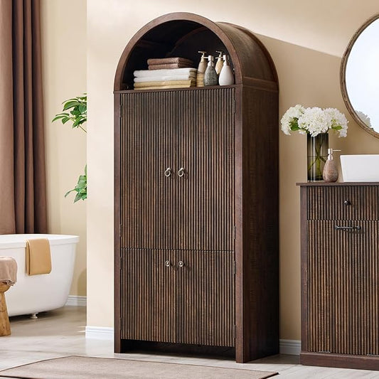 71" Tall Arched Bathroom Storage Cabinet, Modern Fluted Storage Cabinet w/Doors, 3 Adjustable Shelves, 6 Door Shelves, Wood Freestanding Cabinet for Bathroom, Entryway, Hallway, Brown-CasaMuseHome