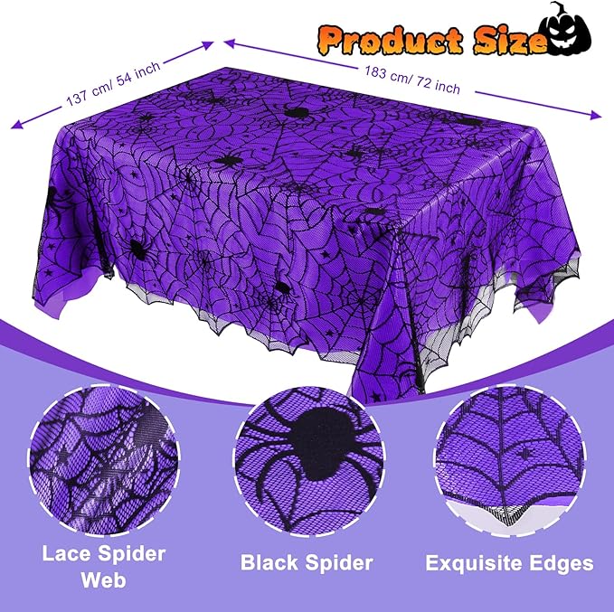 2Pcs Halloween Tablecloths, Black Lace & Purple Lined Rectangular Table Cloth, Spider Web Table Cover for Scary Halloween Decorations Indoor, 54 x 72 Inch-CasaMuseHome