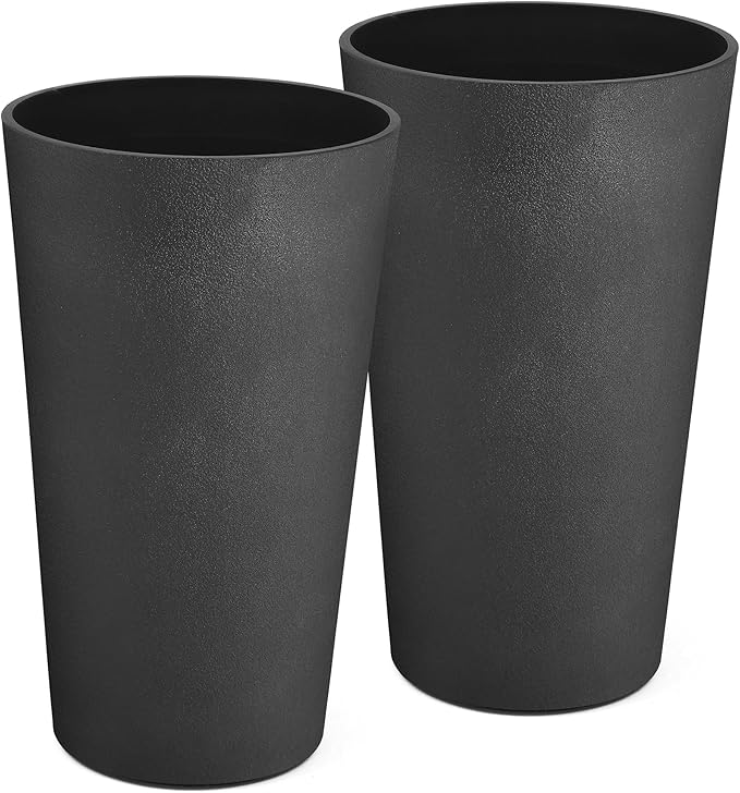 24" Tall Planters for Outdoor Plants, Set of 2 Heavy-Duty Resin Flower Pots, Matte Black Leather Grain Finish, Durable & Weather-Resistant, Ideal for Garden, Patio, Yard, Porch, or Home Use-CasaMuseHome