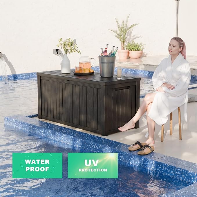 180 Gallon Outdoor Deck Box,Storage Lockable Waterproof Patio Furniture,Garden Tools,Cushions,Pool Accessories Outside Storage Resin Box(Black)-CasaMuseHome