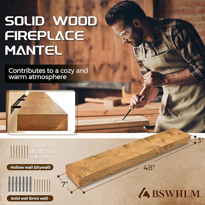 48x7x3 Fireplace Mantel - Solid Rustic Wood - Wall Mounted Floating Shelf with Invisible Heavy Duty Steel Bracket (Natural Wood)-CasaMuseHome
