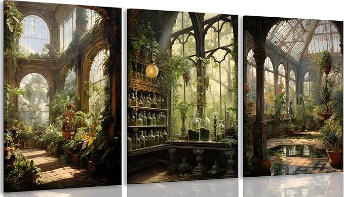 3pcs Framed William Morris Green Plants Canvas Wall Art Medieval Castle Posters Prints Gothictalian Landscape Painting Pictures Paintings Wall Decor for Living Room Bathroom Bedroom Decoration-CasaMuseHome