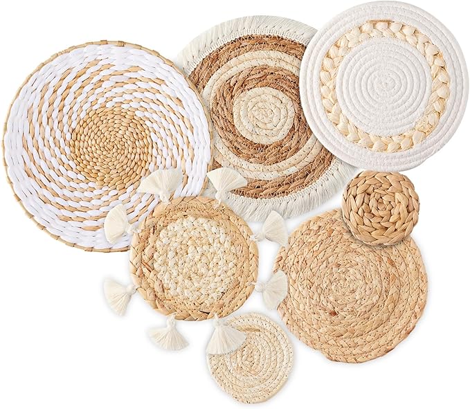 7 Pack Boho Wall Basket Decor - Seagrass Rattan Wicker Wall Decor Round Handmade Hanging Rustic Flat Elegant Wall Art for Farmhouse Living Rooms Bedrooms Display Table Settings Kitchen Home-CasaMuseHome