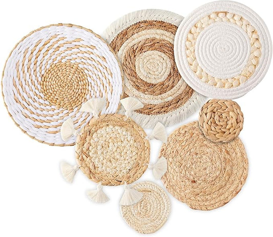 7 Pack Boho Wall Basket Decor - Seagrass Rattan Wicker Wall Decor Round Handmade Hanging Rustic Flat Elegant Wall Art for Farmhouse Living Rooms Bedrooms Display Table Settings Kitchen Home-CasaMuseHome