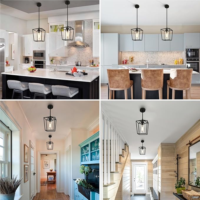 2 Pack 1-Light Black Pendant Lights for Kitchen Island, Farmhouse Metal Pendant Light Iron Cage Hanging Light Fixtures with Clear Glass Shade for Dining Room, Entryway, Hallway, Foyer-CasaMuseHome