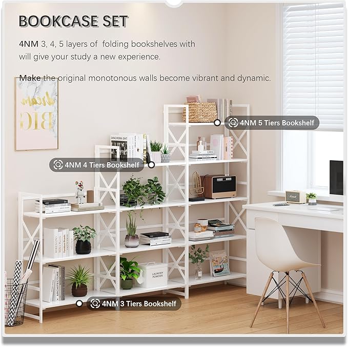 4NM 6 Tiers No Assembly Book Shelves, 61.8" H Folding Bookshelf Bookcase Open Industrial Foldable Shelves for Bedroom, Living Room, Home Office - All White-CasaMuseHome