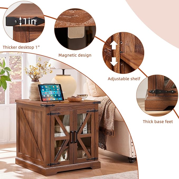 24" End Table with Charging Station, Farmhouse Night Stand with Glass Barn Door, Green Nightstands with Adjustable Storage Shelf, Large Wood Square Bed Side Table for Living Room, Bedroom-CasaMuseHome