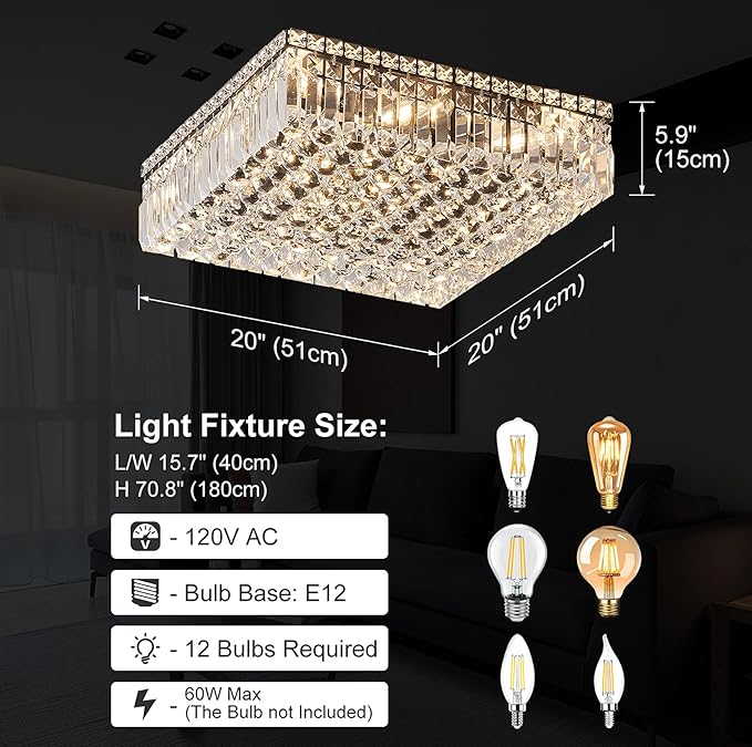 12-Lights Black Crystal Flush Mount Ceiling Light Fixtures,Elegant Crystal Chandelier Pendant Ceiling Lamp for Bedroom,Living Room,Dining Room,Hallway H5.9 x W20 x L20 (Bulb Not Included)Square-CasaMuseHome