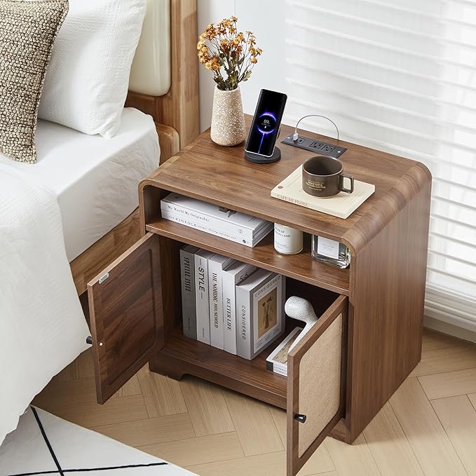 24" Large Side Table with Charging Station, Mid Century Modern End Table with USB/Type-C Ports, Curved Wood Nightstand with Storage & Natural Linen, Couch Side Table for Living Room Bedroom, Walnut-CasaMuseHome