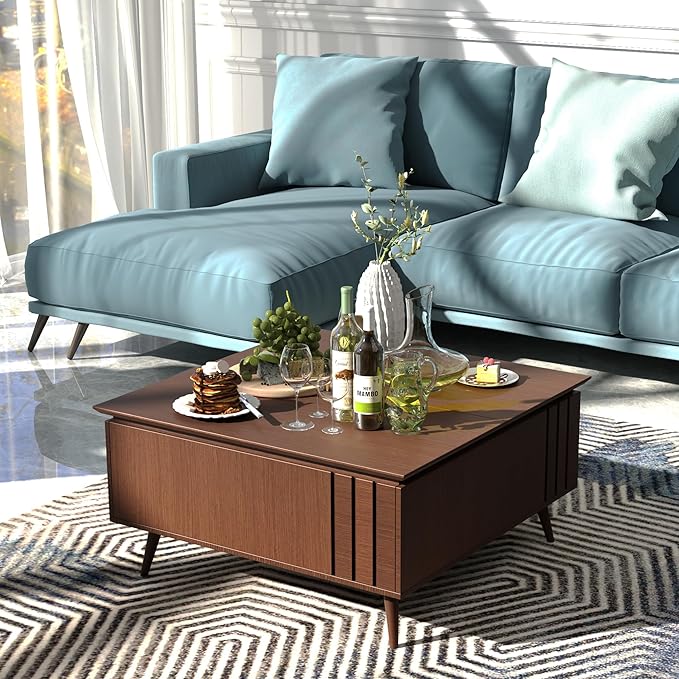 36.2" Lift Top Coffee Table with Storage, Large Square Coffee Tables with Hidden Compartment, Mid Century Modern Center Table for Home Office,Living Room,Dark Walnut-CasaMuseHome