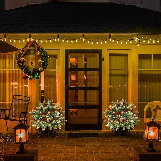 2 Pack Lighted Artificial Christmas Urn Filler, Battery Operated Pre-lit Xmas Pine Trees, Tripod Stake and 60 LED Lights, Holiday Porch Decorations for Porch, Yard, Garden, Flower Beds（Warm White）-CasaMuseHome