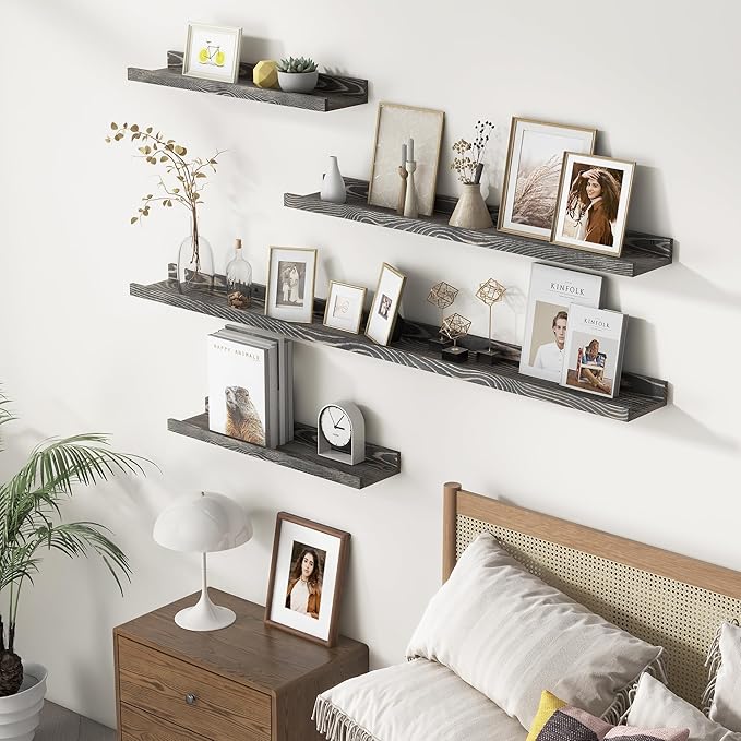 24 Inches Floating Shelves for Wall, Solid Pine Wood Picture Ledge Shelves, Wall Shelves with Lips, Nursery Book Shelves for Toys Storage Living Room Bedroom Photo Frames (2 Pcs, Grey)-CasaMuseHome