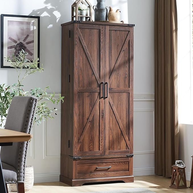 72‘’ Farmhouse Kitchen Pantry Cabinet with Drawer, Tall Storage Cabinet with 2 Barn Doors and Shelves, Versatile Large Rustic for Dining Room, Bathroom, Living Room, Laudry, Brown-CasaMuseHome