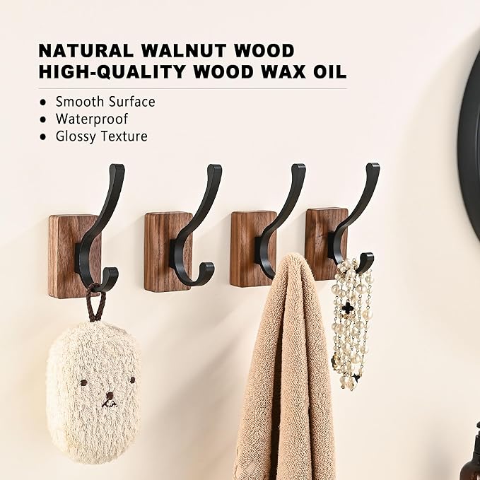 6 Pack Wooden Wall Hooks for Hanging, Adhesive Mounted & Wall Mount Nature Wood Coat Hooks for Towel Clothes Blanket Hat Backpack Robe Nursery Door Board Entryway Key Holder-CasaMuseHome