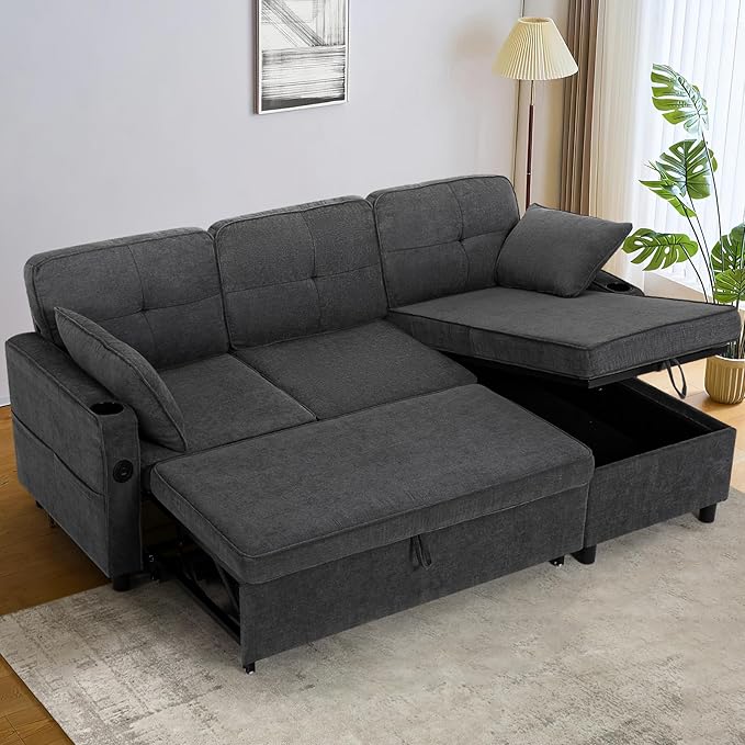 84 Inches Fabric Sectional Sofa w/Pull Out Sofa Bed & Adjustable Back, Tufted L Shaped Couch w/Storage Chaise, Sleeper Sectional Sofa w/USB Port & Cup Holders for Living Room, Grey-CasaMuseHome