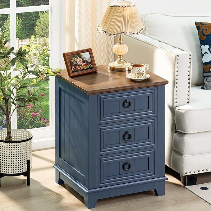 18" Farmhouse Night Stands Set of 2 with Charging Station, 2 & 3 Drawers End Table Dresser for Bedroom, Blue Wooden Nightstand, Bed Side Table with Open Shelf, Bedside Cabinet for Living Room-CasaMuseHome
