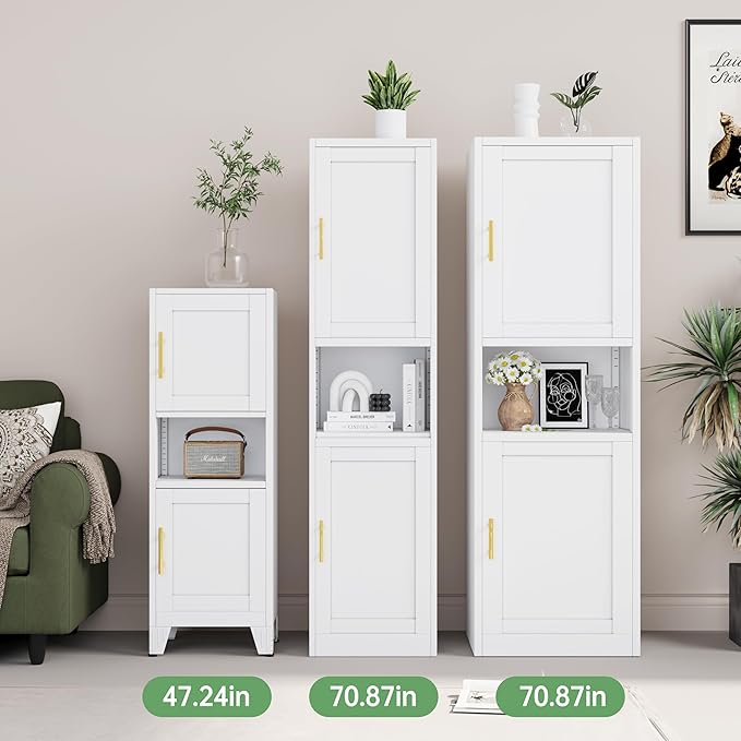 47.24" H Metal Narrow Bathroom Storage Cabinet Pantry Storage Cabinet, 2 Adjustable Shelves for Kitchen, Home Office, Living Room, Dinning Room (White)-CasaMuseHome
