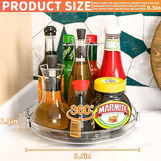 9.5" W Acrylic Clear Lazy Susan Turntable for Cabinet,Kitchen Countertop,Refrigerator and Pantry Organization Storage,1 Tier Small Spinning Organizer for Vitamin,Medicine,Spice Rack & Organization-CasaMuseHome