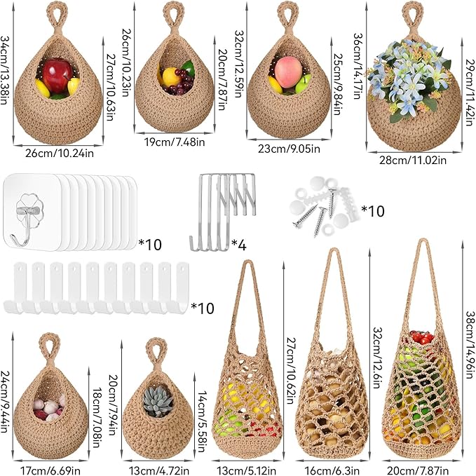 AARAINBOW Boho Wall Hanging Baskets for Kitchen Storage, Fruit Woven Wall Basket 9 Pcs, Hanging Vegetable and Onion Storage with 24 Hooks （Brown）-CasaMuseHome