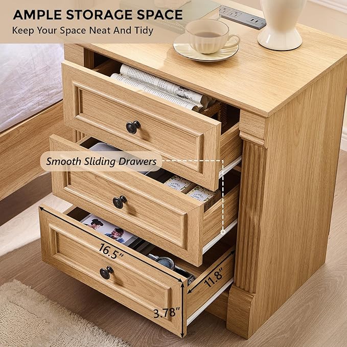 26" Tall Farmhouse Nightstand, 3 Drawers End Table w/Charging Station, 23.6" Wide Large Side Table w/Roman Column, Wood Rustic Sofa Table for Bedroom, Natrual-CasaMuseHome