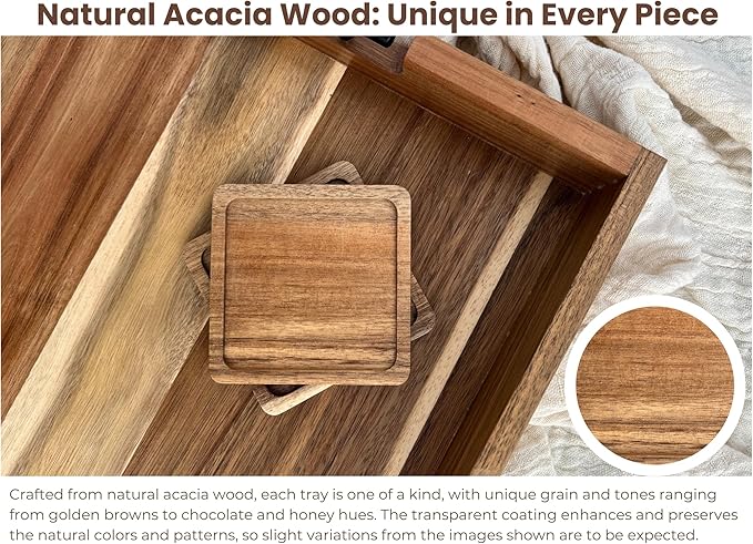 Acacia Wooden Ottoman Tray for Living Room – 21" Large Coffee Table Serving Tray with Handles & 6 Coasters Set, Perfect for Food, Drinks, Kitchen, and Home Decor-CasaMuseHome