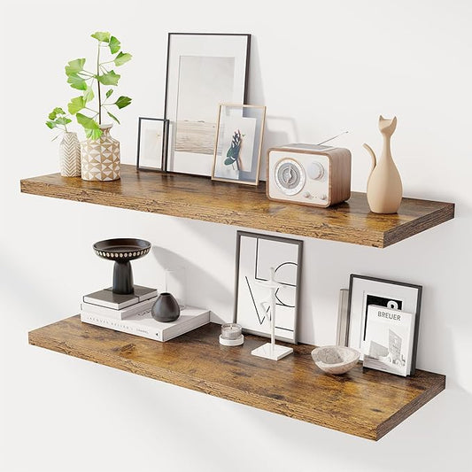 40" Floating Shelves for Wall, 12" Deep Slim Rustic Brown Floating Shelves, Wall-Mounted Shelves for Bedroom, Living Room, Kitchen, Bathroom - Set of 2-CasaMuseHome
