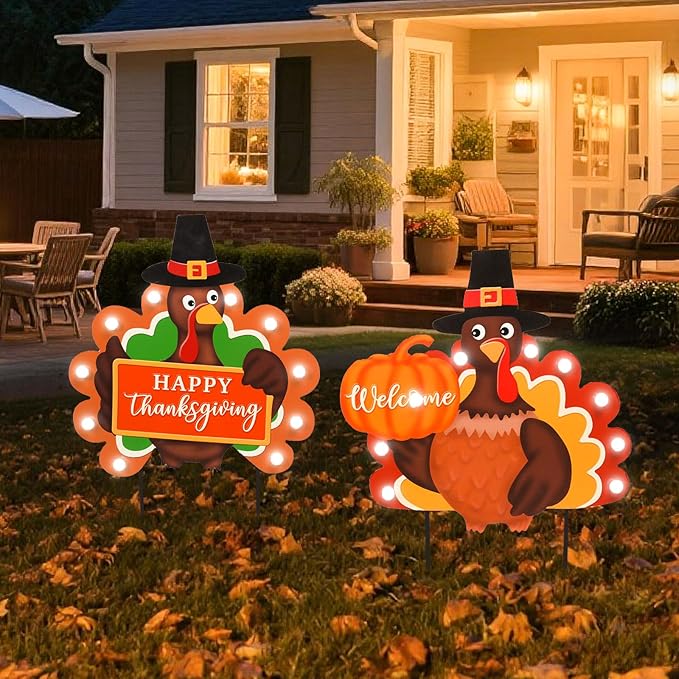 2 PCS Fall Decorations Outdoor Metal Happy Thanksgiving Decorative Garden Stakes with Led Light Welcome Pumpkin Turkey Yard Signs Fall Harvest Lawn Garden Lawn Pathway Decor-CasaMuseHome
