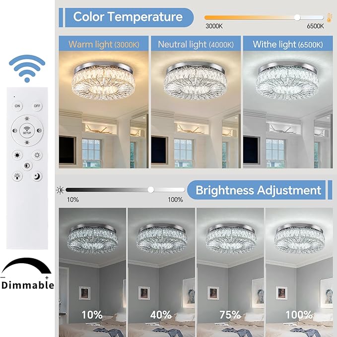 16.5 Inch Dimmable Chandelier with Remote Control LED Crystal Chandelier Modern Flush Mount Ceiling Light Fixtures for Living Room Bedroom Dining Room Entrance (dimmable-16.5")-CasaMuseHome