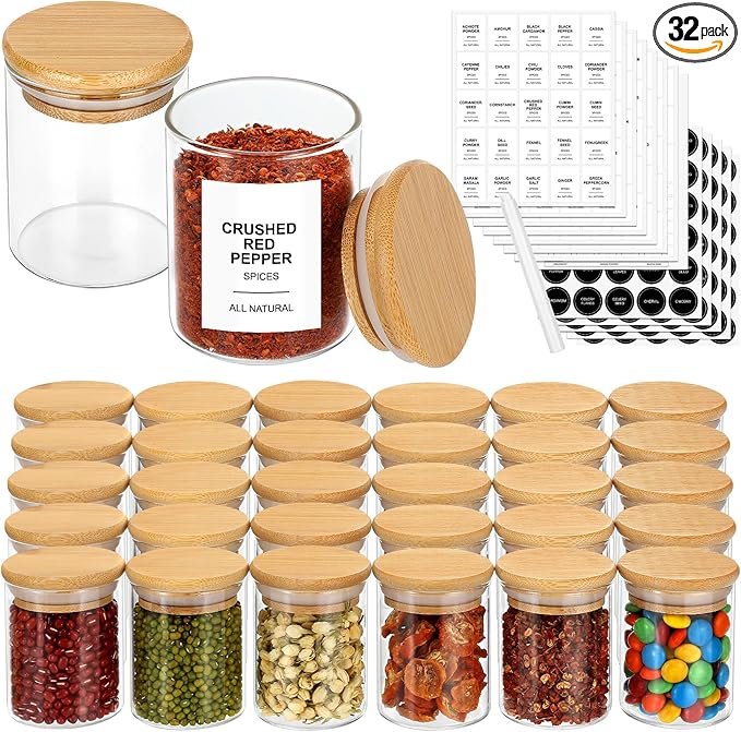 4OZ Glass Spice Jars with Bamboo Lids and 315 Labels, 32 Pcs Clear Food Storage Containers for Kitchen Sugar Salt Coffee Tea Beans-CasaMuseHome