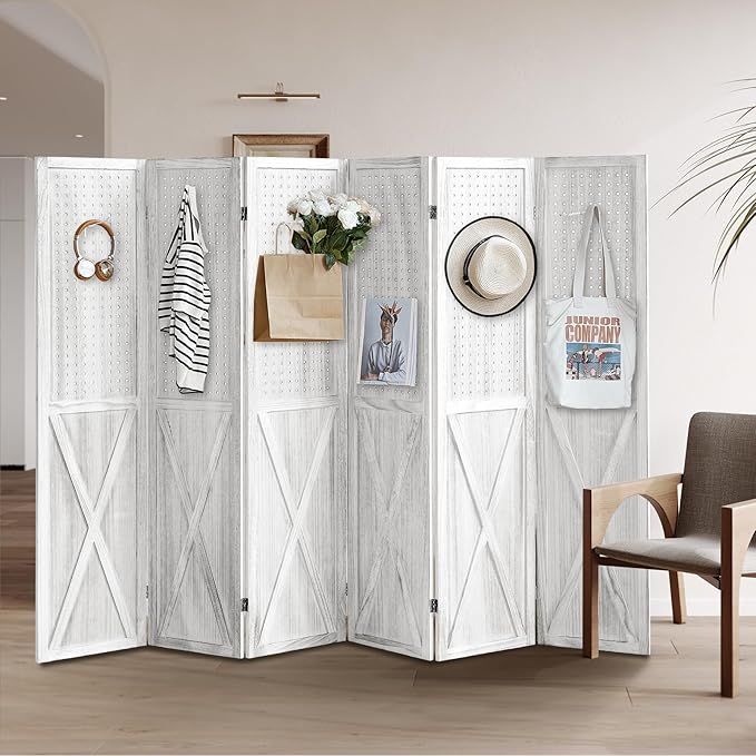 6 Panel Pegboard Room Divider, 5.6Ft Pegboard Display Folding Privacy Screens, Wood Room Divider Peg Board Display Freestanding for Trade Show Craft Show Home Wall Organizer, Retro White-CasaMuseHome