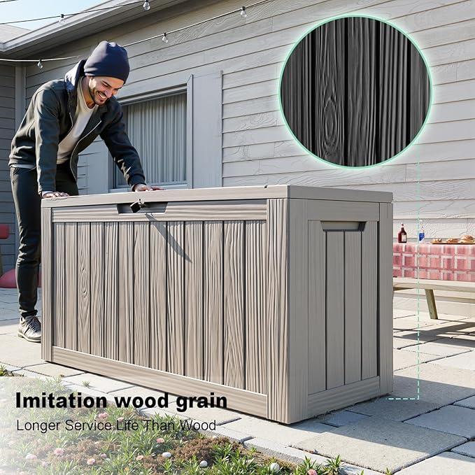 86 Gallon Outdoor Deck Box,Storage Lockable Waterproof Patio Furniture,Garden Tools,Cushions,Pool Accessories Outside Storage Resin Box(Grey)-CasaMuseHome