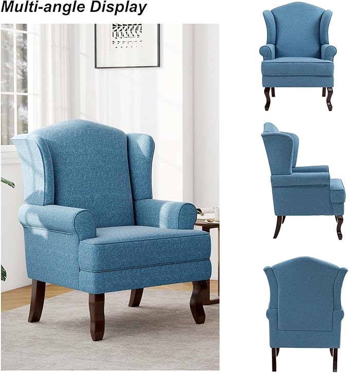 Accent Chair, High Back Upholstered Armchair with High Resilience Sponge & Wood Legs, Mid-Century Modern Comfy Single Sofa Reading Chairs for Living Room, Bedroom (Blue, Set of 2)-CasaMuseHome