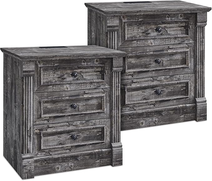 26" Tall Farmhouse Nightstand Set of 2, 3 Drawers End Table w/Charging Station, 23.6" Wide Large Side Table w/Roman Column, Wood Rustic Sofa Table for Bedroom, Light Gray-CasaMuseHome
