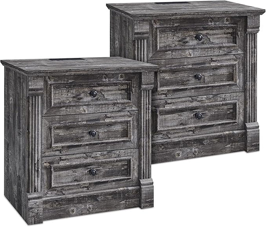 26" Tall Farmhouse Nightstand Set of 2, 3 Drawers End Table w/Charging Station, 23.6" Wide Large Side Table w/Roman Column, Wood Rustic Sofa Table for Bedroom, Light Gray-CasaMuseHome
