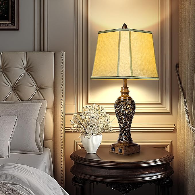 28.5'' Tall Farmhouse Vintage Table Lamp Set of 2 with Faux Silk Shade USB Ports Nightlight Decor for Bedside Living Room Bedroom Nightstands Office Home, Dark Bronze(Bulbs Included)-CasaMuseHome