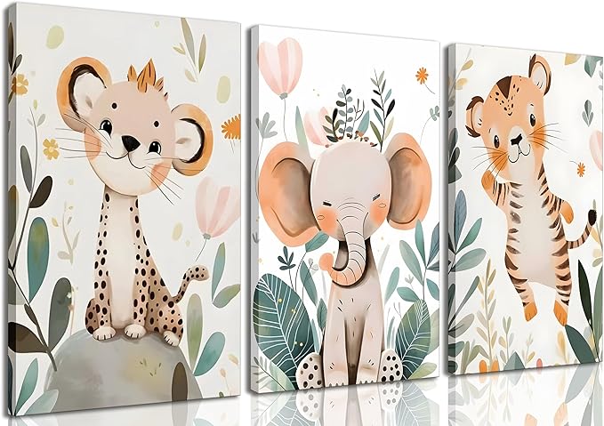 3 Pcs Safari Animals Nursery Canvas Wall Art Jungle Animals Cheetah Elephant Tiger Kids Room Illustration Pictures Wall Decor Posters Print Artwork for Classroom Boy's Girl's Room Bedroom-CasaMuseHome
