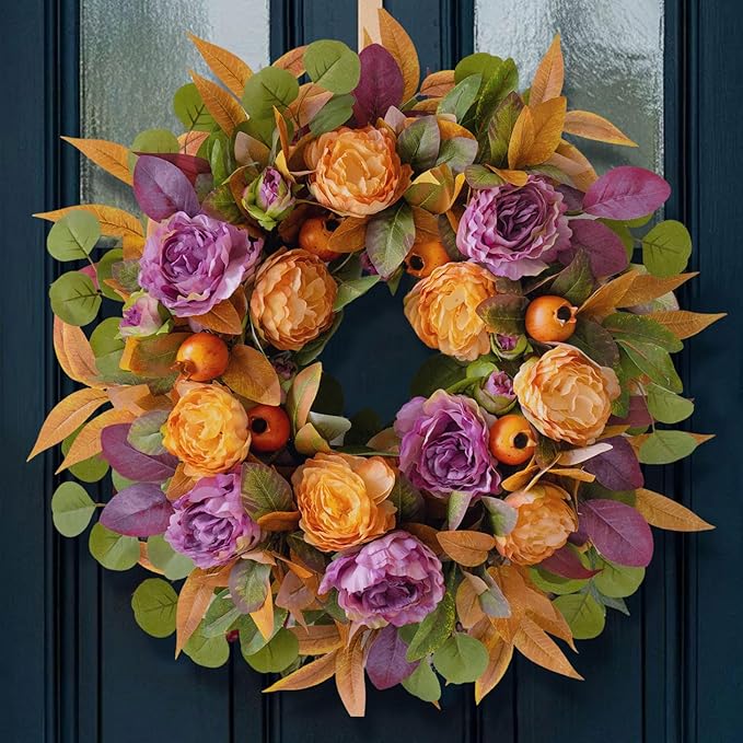 24 Inch Fall Wreath for Front Door - Autumn Wreath with Peony, Maple Leaves, Berries - Farmhouse Thanksgiving Halloween Decor for Porch, Front Door, Indoors & Outdoors - Rustic Harvest Home Decor-CasaMuseHome