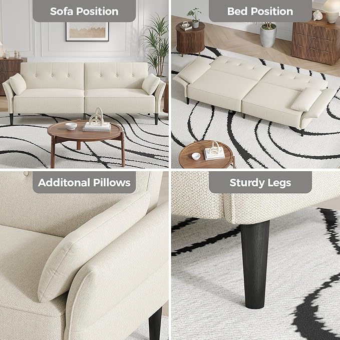 89” Futon Sofa Bed, Linen Comfy Futon Couch Bed with 2 Square Pillows, Convertible Sleeper Sofa with Adjustable Backrest& Armrests, Modern Loveseat Sleeper for Living Room, Bedroom, White-CasaMuseHome