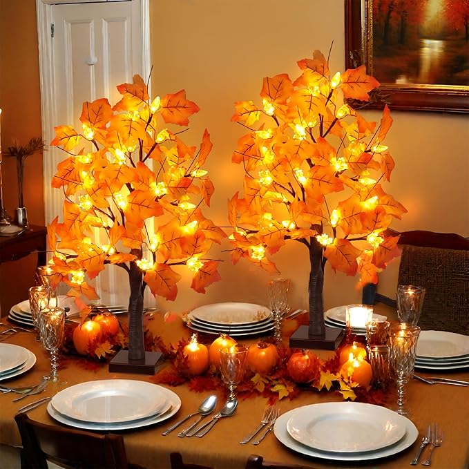 2 Pack 24 Inch Prelit Fall Maple Tree Fall Decor with 48 LEDs Timer Battery Operated Artificial Fall Light Up Tree Maple Acorn for Fall Thanksgiving Decorations Table Home Office Indoor Autumn Harvest-CasaMuseHome