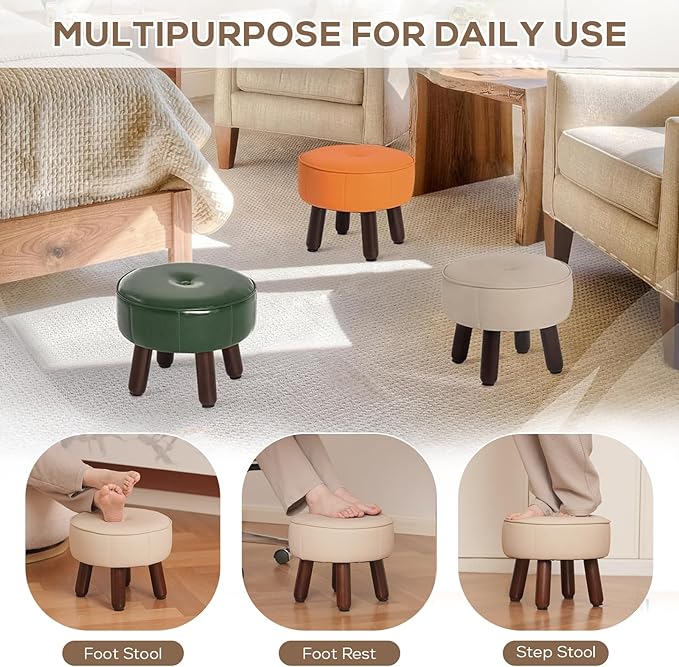 13in Small Foot Stool Ottoman, Round Faux Leather Foot Rest for Couch, Under Desk Pouf Footstool Footrest with Non-Skid Rubber Legs for Ling Room, Bedroom, 13''L x 13''W x 10.2''H, Beige-CasaMuseHome