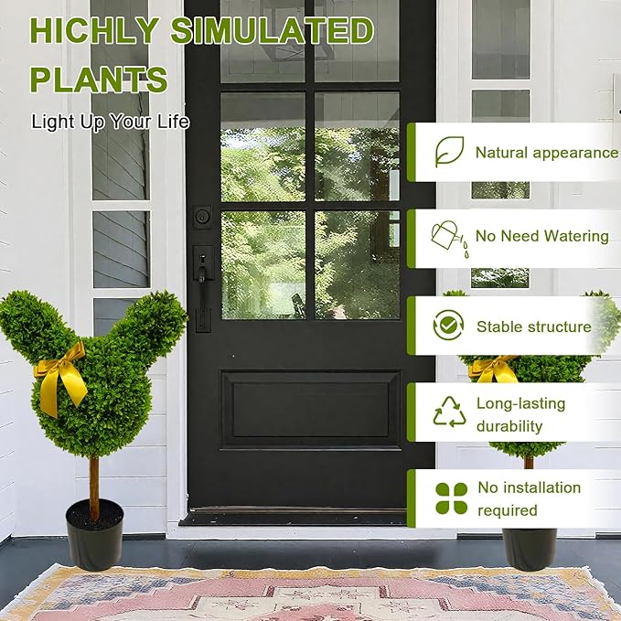 2 Pcs Artificial Bunny Shaped Topiary Trees, Artificial Green Boxwood Bunny Decorations with Gold Bow, Perfect for Indoor & Outdoor Front Porch, Easter& Garden Decor (Bunny Shaped Topiary Tree)-CasaMuseHome