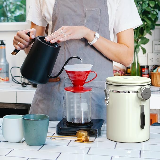 35OZ Coffee Canister for ground coffee with Date Tracker,beige 304 Stainless Steel Kitchen Food Airtight storage container for Coffee Beans or Grounds, Tea, Sugar-CasaMuseHome