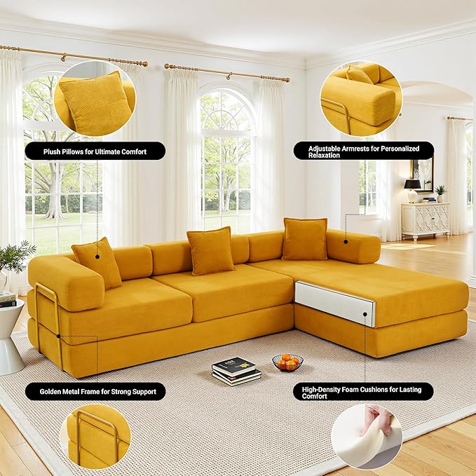 108" Oversized Convertible Sleeper Sofa Bed, Corduroy L Shape Sectional Couch, Folding Sofa Bed with Side Pocket, Modern Cloud Floor Mattress Couch, Modular Sofa for Living Room, Yellow-CasaMuseHome
