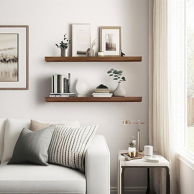 24"x6.8"x1.2" Solid Wood Floating Shelves 2-Pack - Rustic Brown Finish with Hidden Brackets, Perfect for Storage and Décor in Living Room, Kitchen, Bedroom-CasaMuseHome