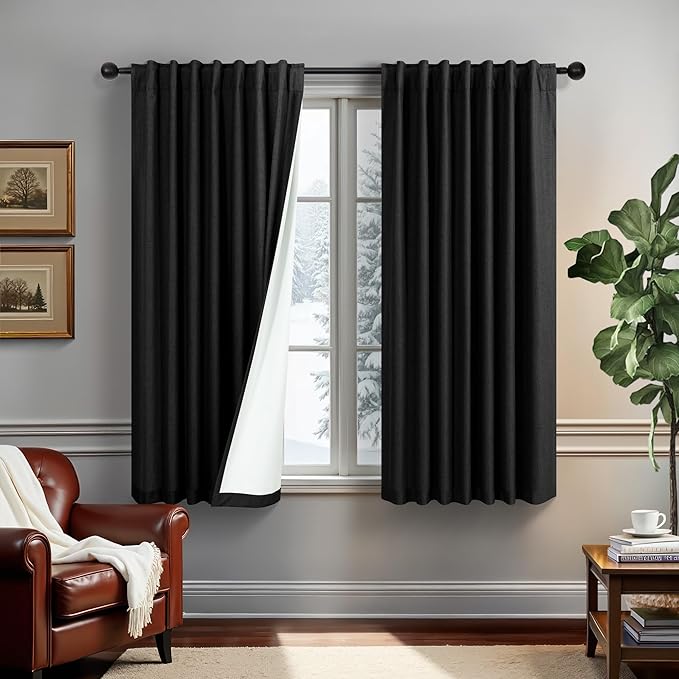 54 Inch Curtains Length 2 Panels Set 100% Blackout Modern Black Out Linen Drapes with White Back Tab Room Darkening Insulated Thermal Short Sundown Solar Curtains for Bedroom Noise Reducing Reduction-CasaMuseHome