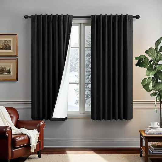 54 Inch Curtains Length 2 Panels Set 100% Blackout Modern Black Out Linen Drapes with White Back Tab Room Darkening Insulated Thermal Short Sundown Solar Curtains for Bedroom Noise Reducing Reduction-CasaMuseHome